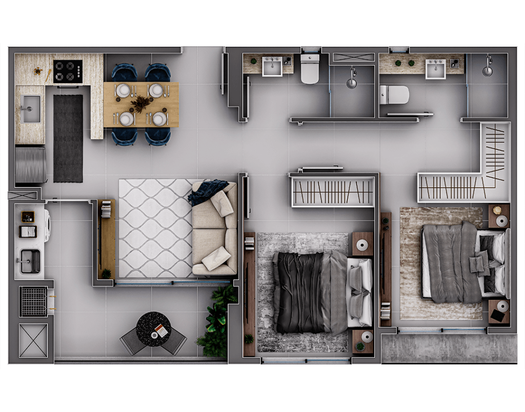 Tipo 01 - 1 Suíte + 1 Dorm (62m²)