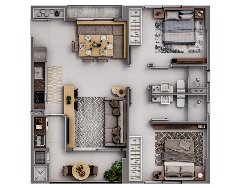 Tipo 04 - 1 Suíte + 1 Dorm (70m²)