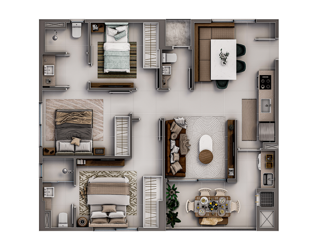 Tipo 06 - 1 Suíte + 2 Demi-suíte (79m²)